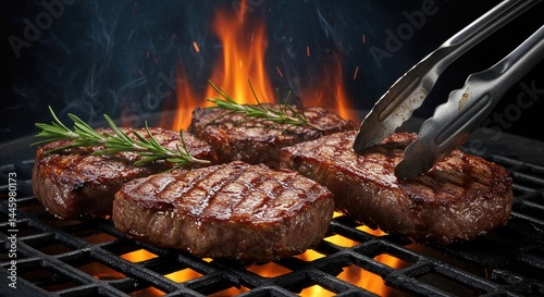 Grilled Steaks with Rosemary on Flaming BBQ Grill