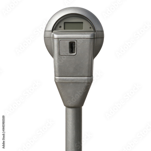 Modern electronic parking meter device with a sleek silver finish, digital display, and coin slot for street payment collection.