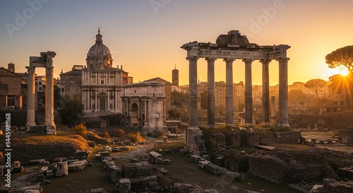 Roman forum ruins with temple of saturn and sunset light bathing the ancient architecture scene view