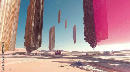 Floating, geometric structures in a desert landscape.  Abstract, surreal,  and otherworldly.
