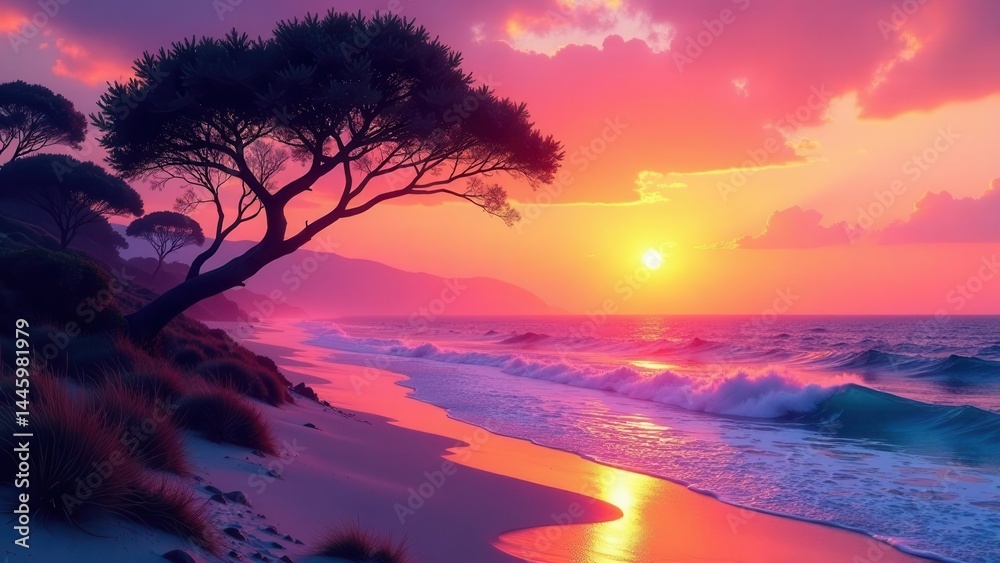 Fototapeta premium Serene Sunset Over Coastal Dunes with Silhouetted Trees and Gently Crashing Waves