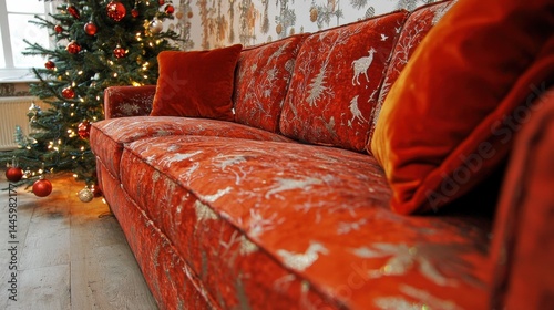 Cozy Christmas living room scene featuring a rich red velvet sofa with deer print, decorated with Christmas tree and ornaments.