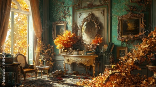 Autumnal, grand, antique interior filled with fallen leaves, golden light streams through large windows.