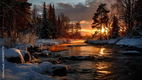 Snowy river landscape at sunset with forested banks and golden light reflecting on the water surface in winter