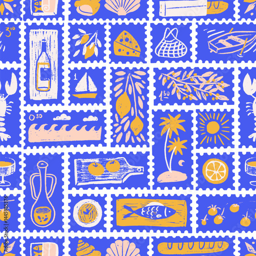 Sicilia amalfi seamless pattern with postage stamps decorated with lemons and sea elements. Vintage Italian print, wall art, travel postcard stamp, summer yellow and blue background. Vector