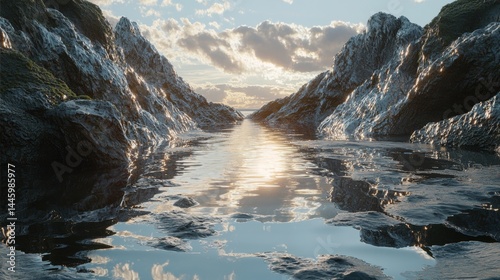 Rocky shoreline reflecting a tranquil sunset.