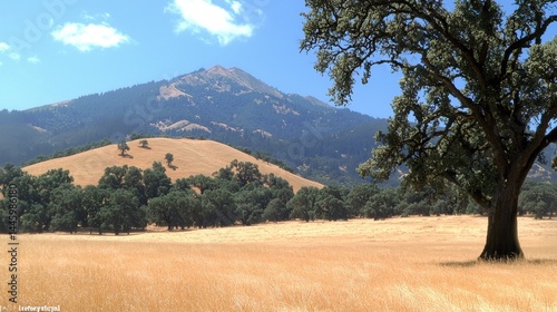 Sunny meadow landscape with oak trees and a mountain vista.