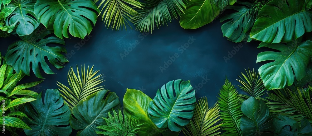 Fototapeta premium Tropical leaves frame with dark blue.