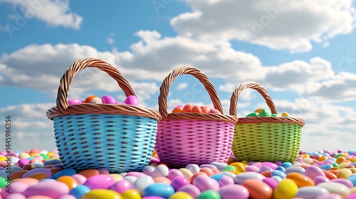 Colorful easter baskets with candy eggs