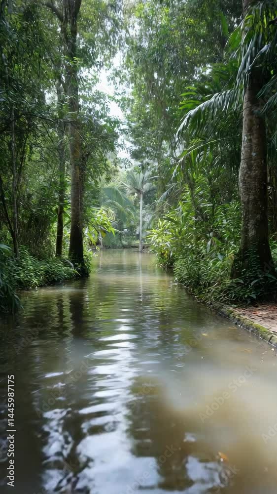 Scenic canal flows through a lush tropical forest, featuring tall trees and reflections in water, creating a peaceful natural landscape. Scenic canal flows through a lush tropical forest, featuring tall trees and reflections in water, creating a peaceful natural landscape.