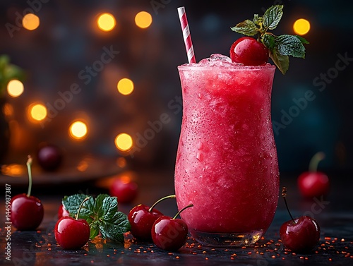 Frozen cherry drink, garnished with cherries and mint
