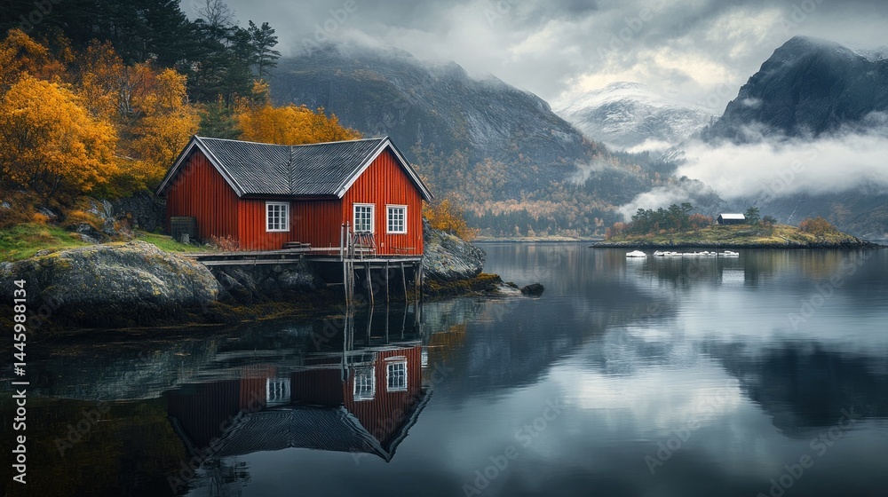 Fototapeta premium Red cabin on misty fjord, autumn