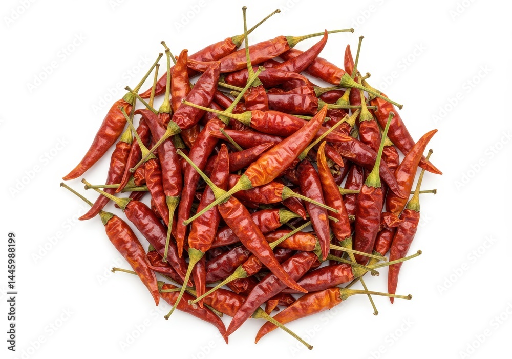 Fototapeta premium Pile of dried red chili peppers on a white background, ready for cooking