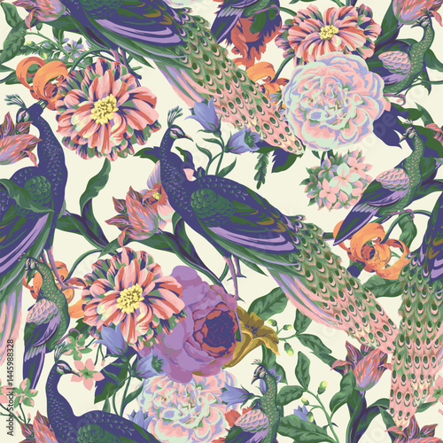 Seamless pattern with peacock and painting rococo still-lifes flowers. Vector.
