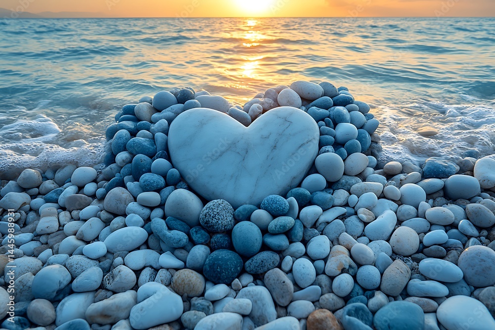 Fototapeta premium Stone heart shape on beach shore at sunset reflecting romantic seascape