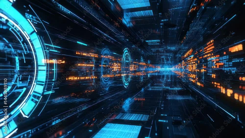 Futuristic digital tunnel with glowing interface displays