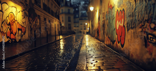 Rain-soaked Parisian alleyway adorned with vibrant street art and glowing street lamps.