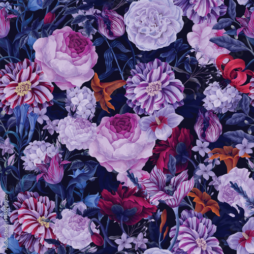 Seamless floral pattern with oil painting rococo still-lifes flowers. Vector.