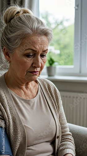 Elderly woman checking blood pressure at home near window