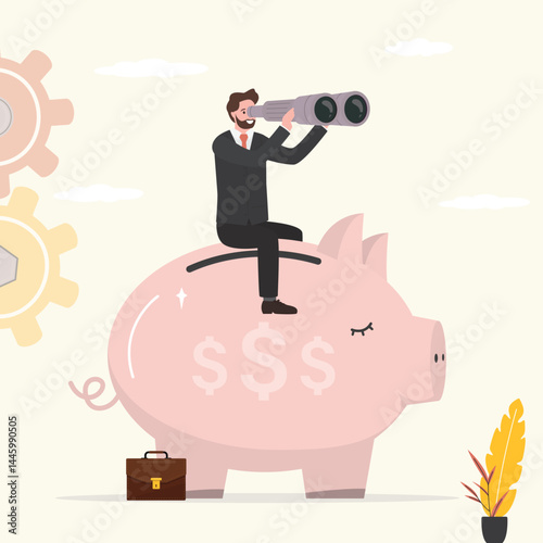 Money management or savings concept. Businessman sitting on piggy bank look through binoculars to see future. Financial vision, discover investment opportunity