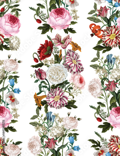 Seamless floral pattern with oil painting rococo still-lifes flowers. Vector.