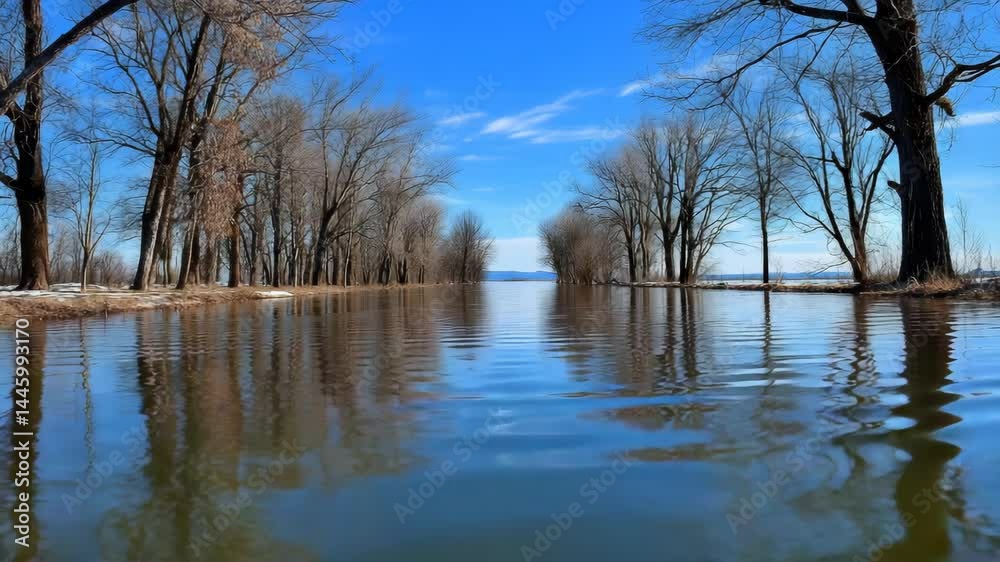 Flooded landscape scene with reflective water, bare trees, blue sky, and scattered snow in early springtime conditions and natural environment. Flooded landscape scene with reflective water, bare trees, blue sky, and scattered snow in early springtime conditions and natural environment.
