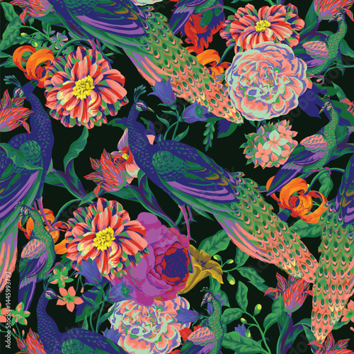 Seamless pattern with peacock and painting rococo still-lifes flowers. Vector.