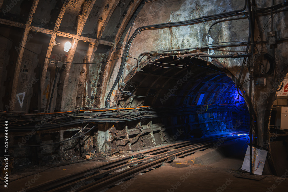 Aged underground tunnel in London with exposed concrete walls, structural reinforcements, and tracks leading into a dimly lit section with blue light.
