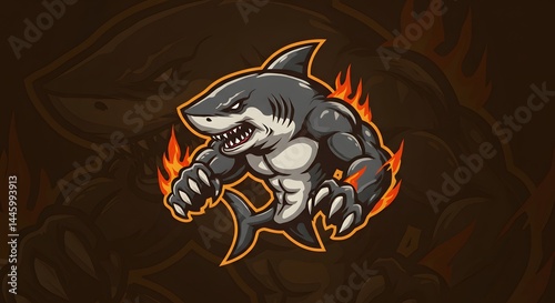 Muscular Shark Mascot with Fire