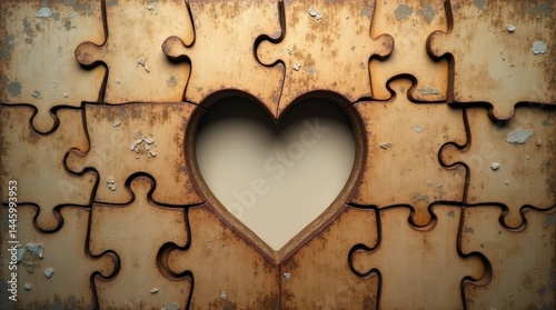 A partially assembled puzzle with worn, wooden pieces and a soft, golden glow emanating from the edges, rests on a creamy, aged paper background, with the missing piece, a delicate, crimson heart