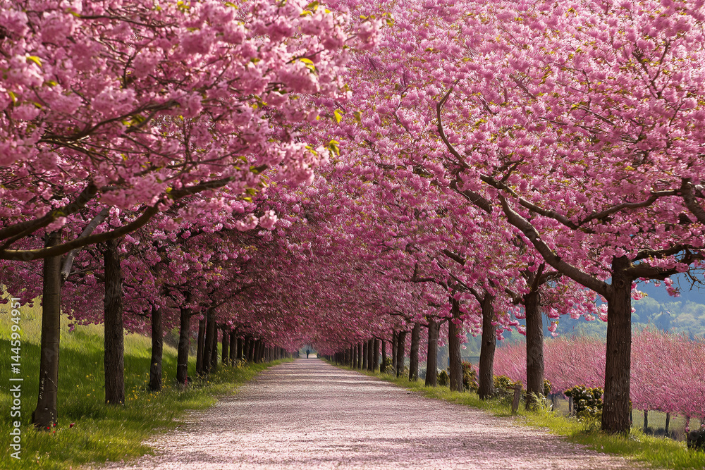 Naklejka premium breathtaking depiction of a pathway lined with cherry blossom trees in full bloom.