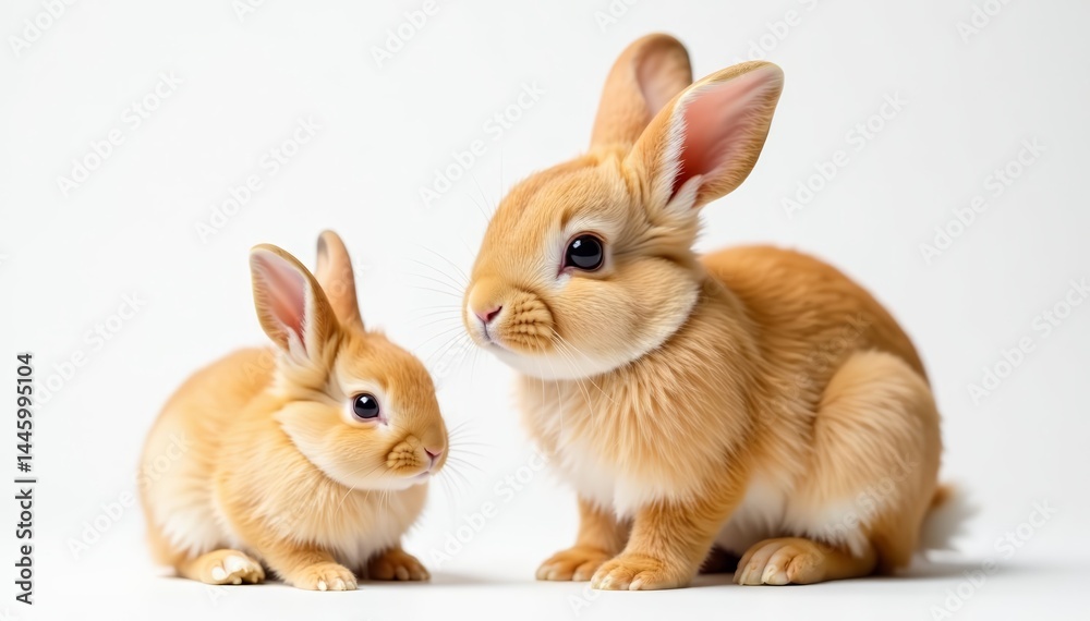 Fototapeta premium Soft orange rabbit with fluffy fur sitting next to tiny orange baby bunny on white background, cute, rabbit, fluffy