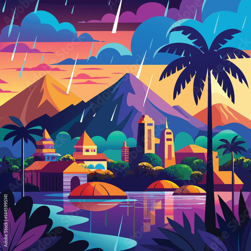 Tropical cityscape vector with palms mountains and reflections on white background