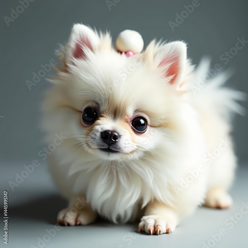 Tiny white pomeranian with stylish bun on head, domestic, animal, purebred