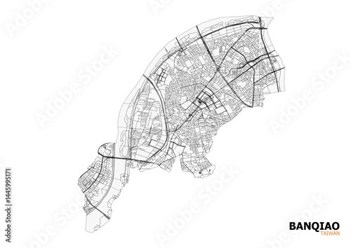 Minimalist vector map of Banqiao District, New Taipei, Taiwan, showing highways in black on a white background. Clean line style ideal for transportation design and map visuals.