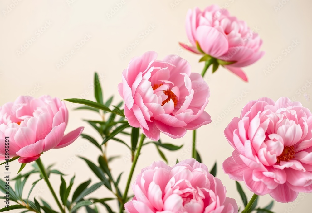Soft pink peonies bloom against a subtle, pale backdrop, still life, background Soft pink peonies bloom against a subtle, pale backdrop, still life, background