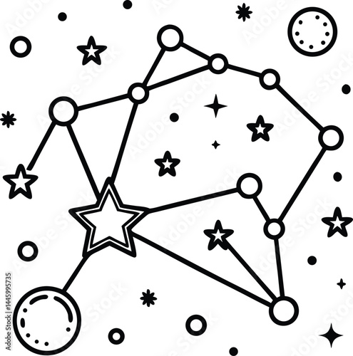 Black silhouette of constellation coloring page with bold lines for kids