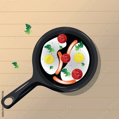 Fried eggs on frying pan.Tasty breakfast with sausages and tomatoes