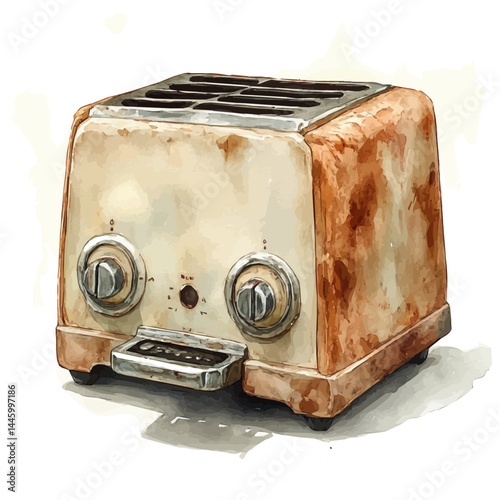 Vintage Toaster With Chrome Finish, watercolor vector, isolated on a white background.