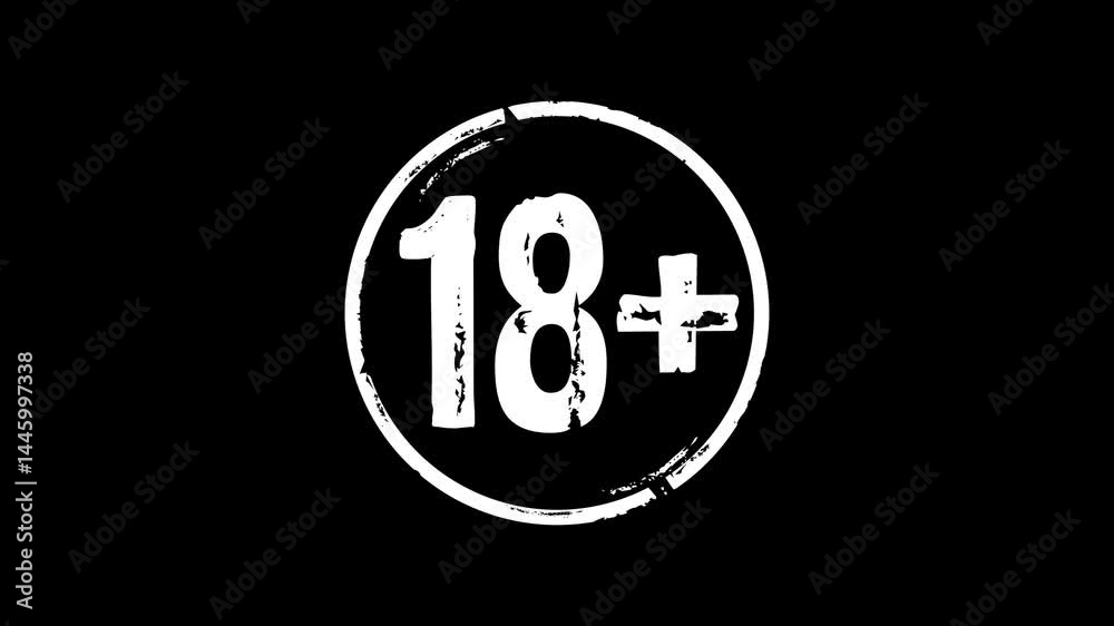 18 plus adults only age prohibition stamp and hand stamping impact isolated animation. Under eighteen restricted 3D concept. Alpha matte channel.