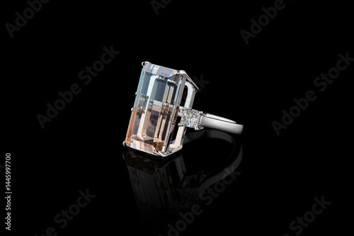 Obraz na płótnie ring made of white metal, silver, gold with a stone topaz polychrome and diamonds on a black background w salonie