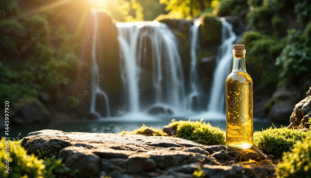 A glass bottle with golden liquid sits on a rock in front of a sunlit waterfall surrounded by lush greenery. A glass bottle with golden liquid sits on a rock in front of a sunlit waterfall surrounded by lush greenery.