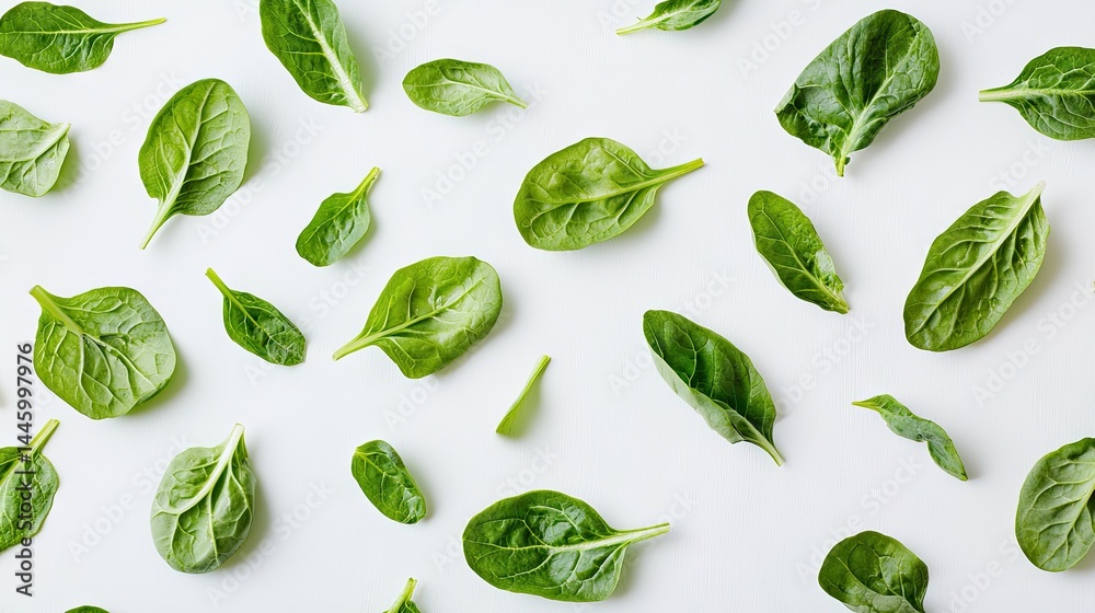Fresh spinach leaves scattered on a white background.