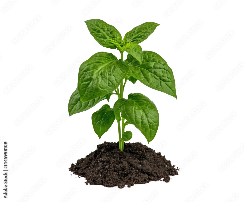 Vibrant green seedling with dark soil, isolated on transparent background. The plant shows healthy growth with several leaves. Studio shot with bright lighting. Vibrant green seedling with dark soil, isolated on transparent background. The plant shows healthy growth with several leaves. Studio shot with bright lighting.