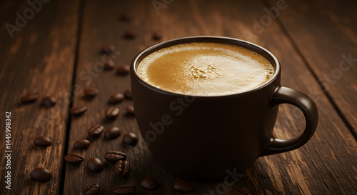 A close-up of a coffee cup on a wooden table with scattered roasted coffee beans. photo