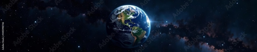 Fototapeta premium Stunning wallpaper of Earth planet against vast black space backdrop, universe, dark