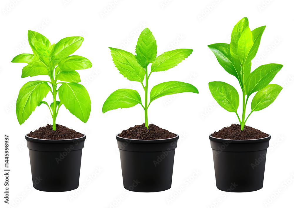 Three Basil Plants in Black Pots on Transparent Background Three Basil Plants in Black Pots on Transparent Background