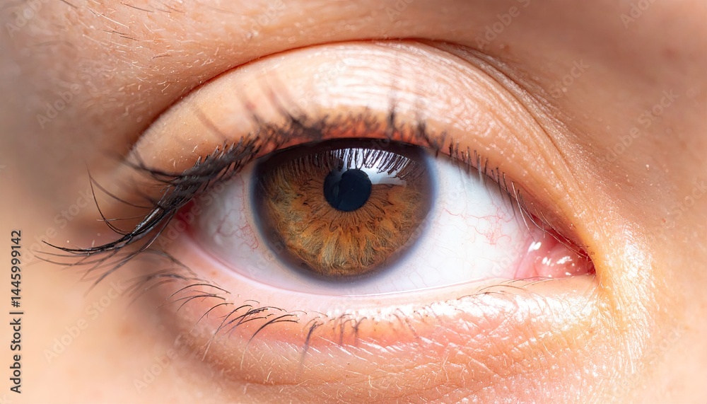 Fototapeta premium Close-up shot of a brown eye with detailed iris and eyelashes showing fine texture and reflection. The surrounding skin is visible with subtle makeup details and a soft glow.