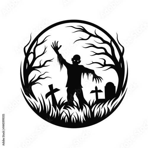 Zombie Silhouette with Graveyard in a Circle Frame, Horror Theme, Night Icon