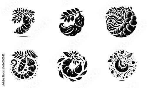Tamarind Fruit Icons – Hand-Held and Hanging Styles | Black Silhouette Vector